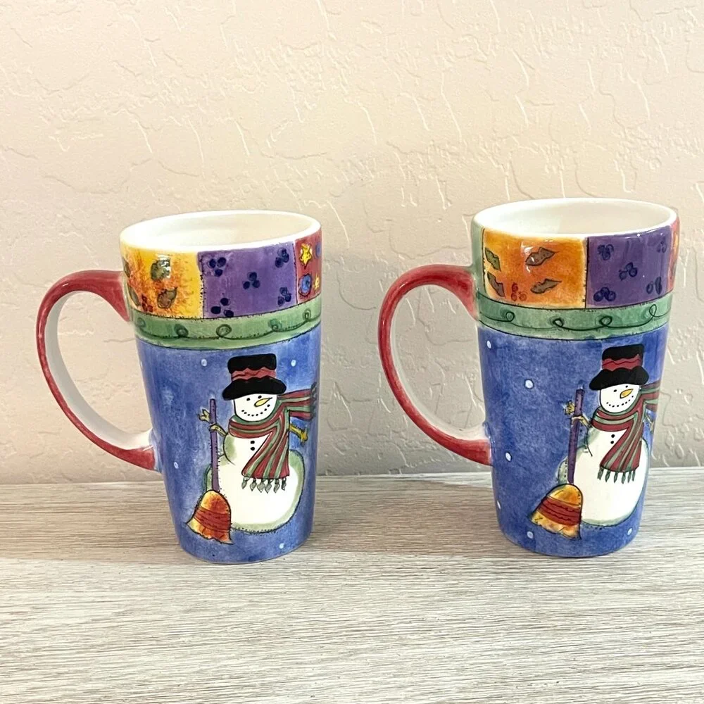 The Sweet Shoppe Christmas Mugs Cups Set of 2 Tall Holiday Snowman Sango